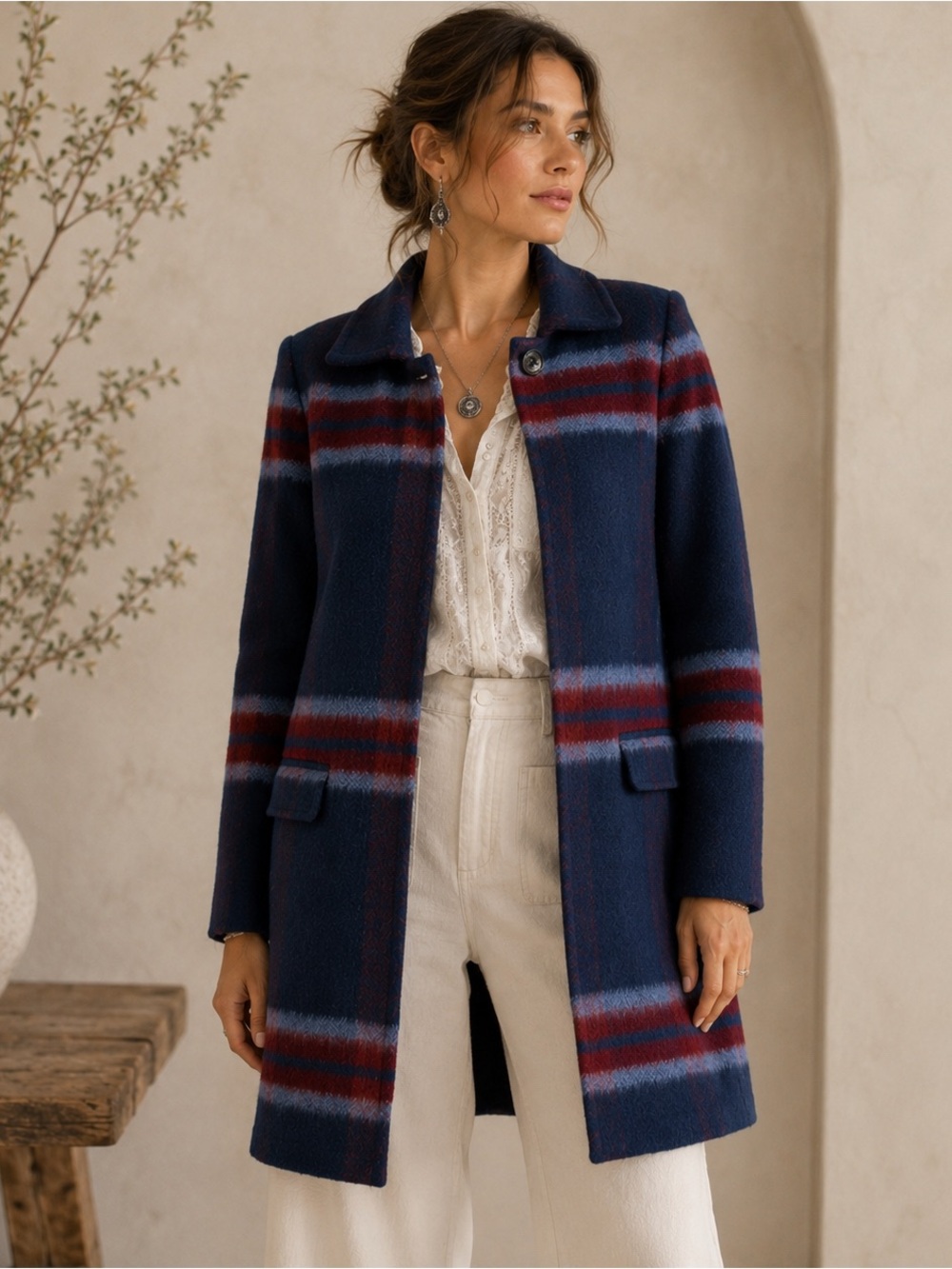 Ann Taylor LOFT Blue Burgundy Plaid Walking Coat Petite SP Wool Blend
